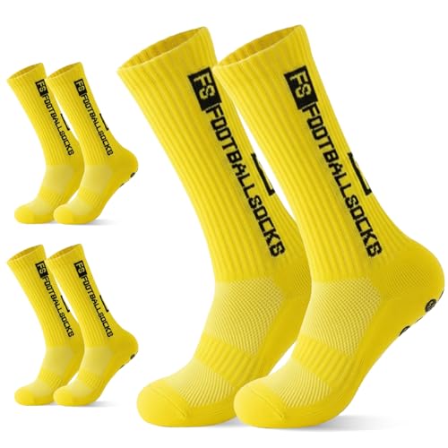 FWHFNB 3 Pares Calcetines Deportivos Antideslizantes,Calcetines de fútbol Hombre y Mujer,39-46 Calcetines Antideslizantes Futbol,para Fútbol,Running,Entrenamiento (3 Pares Amarillos)