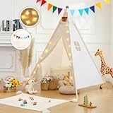 BabyAlly Teepee Tent for Kids Star Lights, Flags,53''x47''x55'' Play Tent,Children Play Tent Indoor Outdoor,Gifts Playhouse for Kids,Toddler Teepee Tent Beige Neutral Color(Not wih Mat)