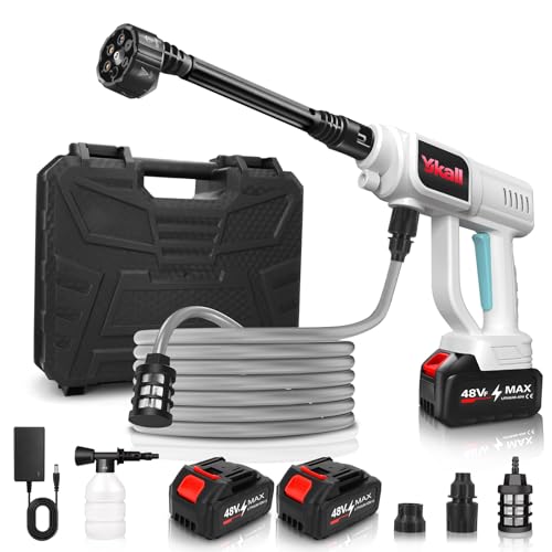 Hidrolimpiadora a Batería Inalámbrica con 2 Baterías, Boquilla Multifunción 6 en 1, Alta Presión, Manguera de 5 m, para Coches, Jardín, Terraza y Limpieza Móvil Fácil y Rápida