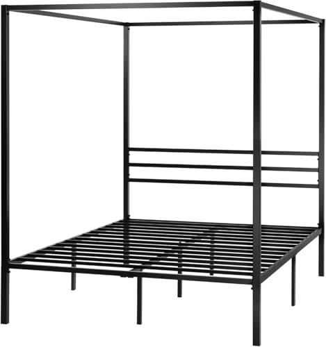 Image of Metal Queen Size Poster Bed Without Storage | Canopy Queen Poster Bed for Bedroom & Home | Sturdy Wrought Iron Double Cot with Headboard & Footboard, (Design 2-Black)