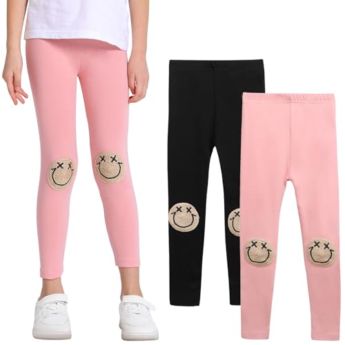 EASTBUDDY Girls Leggings with Smile Face Pattern Kids Pants Full Length Leggings for Girls Toddler 2 Pack 1-7 Years