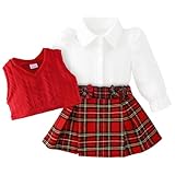 ChuYuKu Baby Girl Clothes Fall Winter Outfits Puff Sleeve Shirt Tartan Pleated Skirt Cute Vest Set Toddler Girl Dress Holiday Red-b