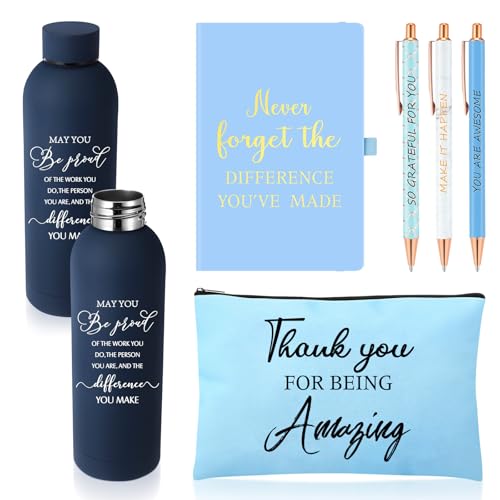 Funnymoom 6 Pcs Employees Appreciation Gift Set 17 oz Stainless Steel Frosted Water Bottle Makeup Bag Notebook Ballpoint Pens Thank You Gift for Employee Teacher Nurse(Navy)
