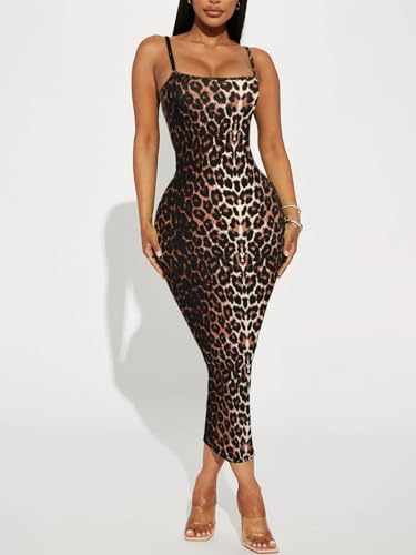 Image of Women's Midi Bodycon Tight Dress - Spaghetti Strap Summer Casual Leopard Cheeath Print Club Party Long Fitted Slip Dresses