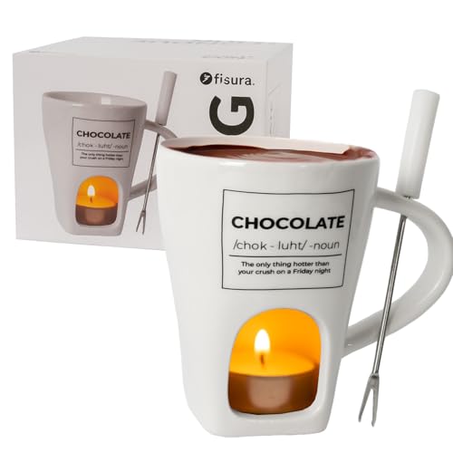 Fisura – Taza fondue chocolate original. Fondue de queso con taza y tenedor. Taza blanca para fondue. Taza original para regalo. 140 mililitros