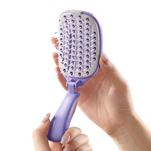 Travel Foldable Hair Brush Self-cleaning Portable Pocket Hair Brush for Thin Thick Hair Vented Speed Dry HairBrush for Men Women Kids Thick Thin Curly Straight Wet Dry Hair(Purple)