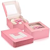 Sabary 24 Pcs Cake Boxes 10x10x5 Inch Bakery Box with Window Disposable Cake Containers Bulk Large Square Cookie Dessert Boxes for Wedding Birthday Party Pie Cupcakes Pastry Chocolates(Pink)