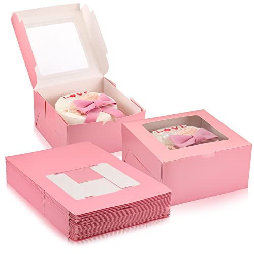 Sabary 24 Pcs Cake Boxes 10x10x5 Inch Bakery Box with Window Disposable Cake Containers Bulk Large Square Cookie Dessert Boxes for Wedding Birthday Party Pie Cupcakes Pastry Chocolates(Pink)
