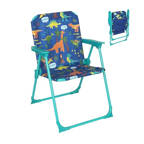 Relaxdays Kinder Klappstuhl Campingstuhl mit Dino-Motiv HBT: 51 5x36x37 5 cm Picknickstuhl Outdoor Faltstuhl bunt