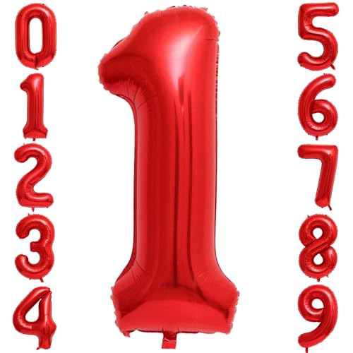 Image of Red 1 Number Balloons,40 Inch 1 Balloons Foil Mylar Helium Big Red 1 Balloon Number for Birthday Party Anniversary Decorations