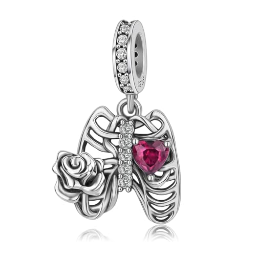 Image of ARTCHARM Rib Rose Charm 925 Sterling Silver with Zircon fit Bracelets Charms,Christmas Valentine Mother's Day Gift for Women