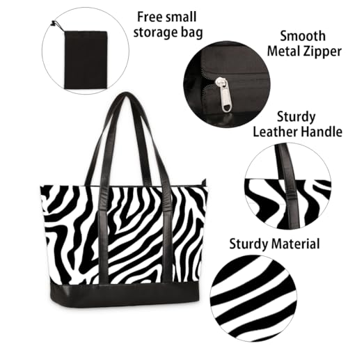 Large Tote Bag for Women Travel Beach Shoulder Bag with Zipper 15.6'' Laptop Bag Lightweight Tote Handbag Zebra Pattern4