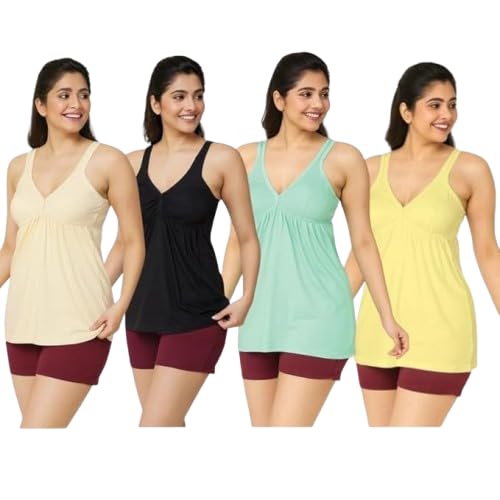 Women’s 100% Cotton Camisole Top | Soft Breathable Spaghetti Strap Innerwear | Stretchable Comfort Fit | Pack of 4 | Multicolor |-image-26