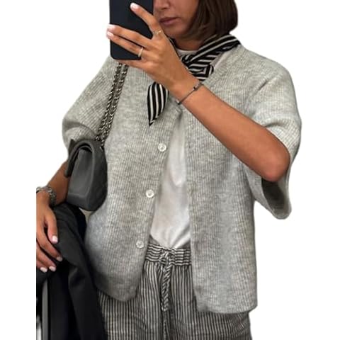KMBANGI Women Knitted Cropped Blouse Short Sleeve Button Down Knit Shirt Crop Cardigan Y2k Open Front Pullover Tops(Cute Grey,S) Cover
