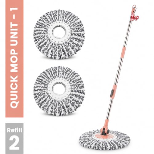 Image of Mr.Mop 360 Spin Universal Peach Stick Rod with 2 Microfibre Grey Refills - Magical Extendable Handle Pocha for Floor Cleaning