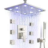 SKOWLL Shower Faucet with Body Jet, Ceiling Mounted 12 Inch LED Rain Shower Heads Brushed Nickel Shower Faucet Set Complete Include Pressured Balance Rough-in Valve