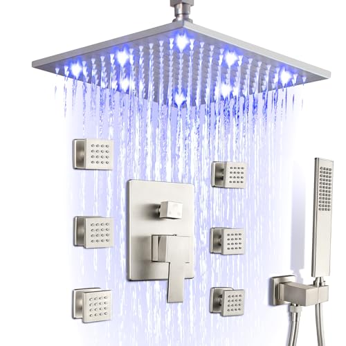 SKOWLL Shower Faucet with Body Jet, Ceiling Mounted 12 Inch LED Rain Shower Heads Brushed Nickel Shower Faucet Set Complete Include Pressured Balance Rough-in Valve