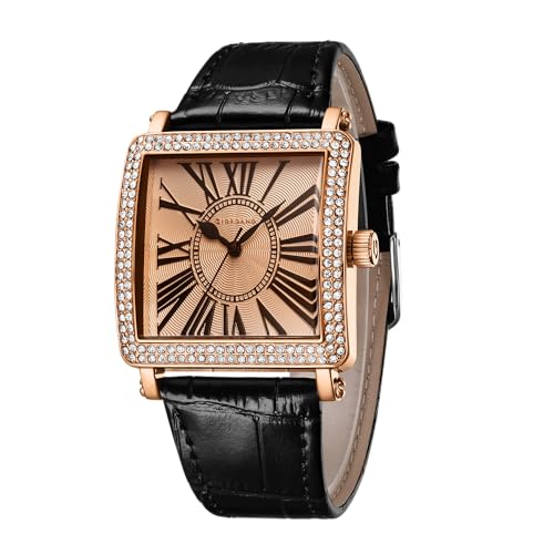 Giordano Elegant Watch for Women – Crystal-Studded Square Dial, Leather Band, Roman Numeral Dial