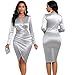 Women’s Long Sleeve Cocktail Party Dress Sexy Bodycon V Neck Midi Pencil Dresses Faux Wrap Ruched Knee Length Evening Dinner Gown Silver, X-Large