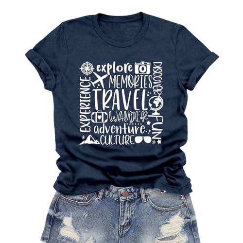 LuxLass Travel Shirts for Women Adventure T-Shirt Traveling Themed Tee Tops Blue