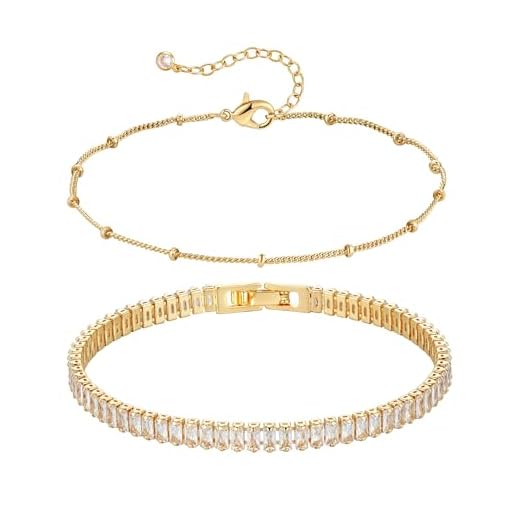 TONTMY STUDIOS Gold Bracelets for Women Set 2 Layer Tennis CZ Bracelets 14K Gold Filled Dainty Satellite Chain Everyday Minimalist Bracelet Stack Jewelry for Women