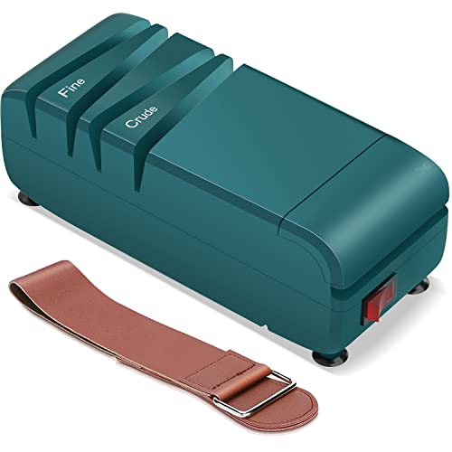 Elektrischer Messerschärfer 【mit austauschbaren Rädern und Lederstreifen】, 2-stufiger professioneller Küchenmesserschärfer zum schnellen Schärfen und Polieren und Reparieren, Schere für Zuhause Cover