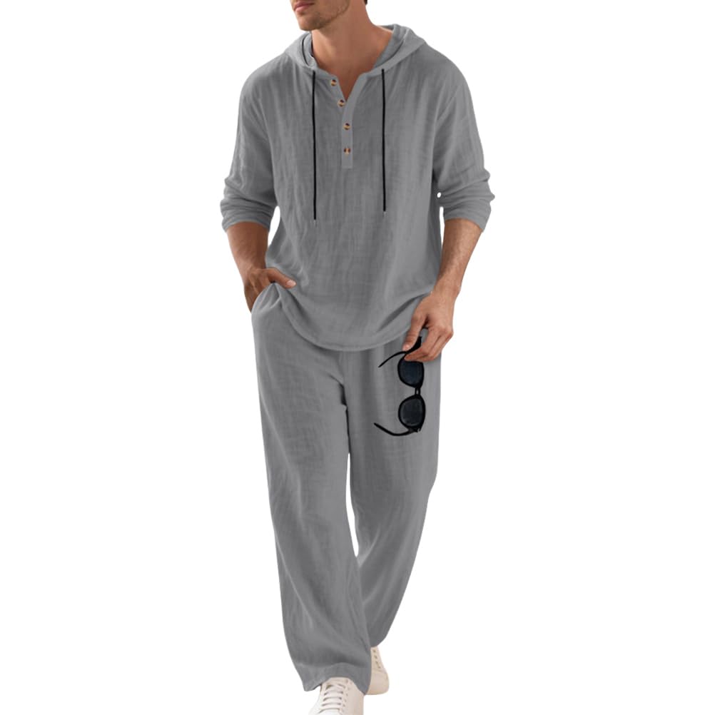 Homme Ensemble en Lin 2 Pièce Chemises T-Shirt à Capuche Hoodie à Manches Longues et Pantalons Ensembles Décontracté Mode Survêtement