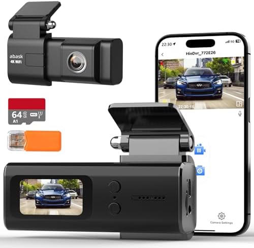 Abask Cámara de Coche 4K WiFi, Dashcam Visión Nocturna por Infrarrojos, 310° Gran Ángulo con Tarjeta 32G, G-Sensor, Grabación de Bucle, HDR, Monitor de Aparcamiento, Detección de Movimiento