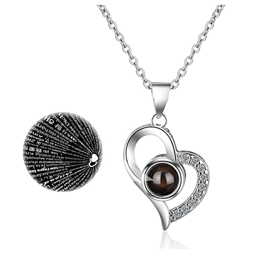 Halskette für Paare, Projektion mit Anhänger, Halskette aus Sterling-Silber 925 für Damen, klassischer Anhänger mit Glasstein und Zirkonia, "Ich liebe dich" in 100 Sprachen, Geschenk zu Weihnachten
