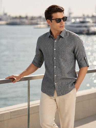 Image of Thomas Scott Men's | Solid | Premium Linen Blend | Spread Collar | Summer Wear | Long Sleeve | Shirts for Men