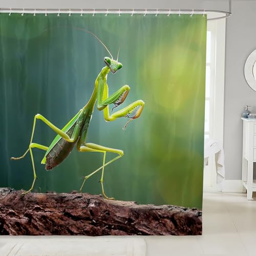 Manfei Mantis Waterproof Bathroom Curtain with 12 Hooks Suits for Bathtub Malaysia Green Praying Mantis Shower Curtain Insect Theme Bath Curtain for Kids Boys Teens,72" W x 72" L