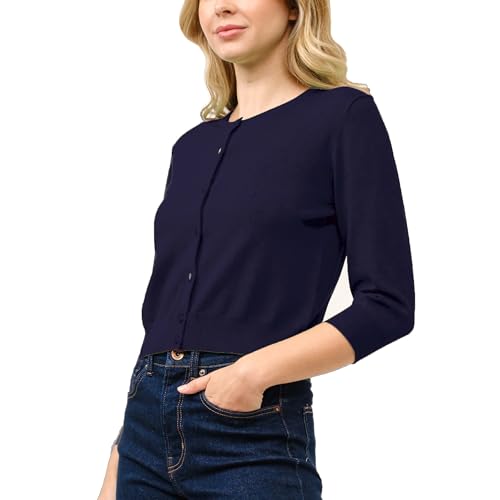 Image of Women's Cropped Cardigan 3 /4 Sleeve Crewneck Button Up Sweater Knit Top (S~XL)