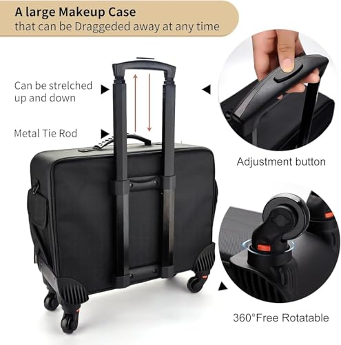 Image of Adson Multifunctional Professional Beauty Makeup Artist Rolling Cosmetic Aluminium Vanity Trolley Beauty Train case Makeup Cosmetic Trolley Hairstylist Travel Organizer (Metallic Jet Black)