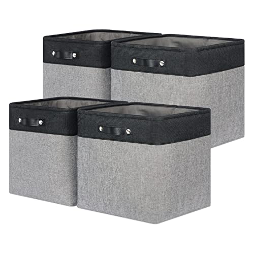 Bidtakay Cube Storage Baskets For Organizing Collapsible 13X13 Storage Cube Bins Large Fabric Storage Bins Organization Baskets With Leather Handles Decorative Baskets For Shelves(Black&Grey) #TOP21