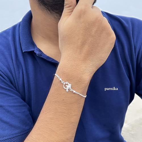 Image of Parnika 925 Om Ganesha Rudraksha Infinity Bro Shiv Bhai Adjustable Silver Rakhi Bracelet For Brother in 92.5 Sterling Silver for Boys and Men | Chandi ki Rakhi | Gift Box Roli Chawal