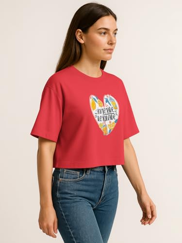 Image of HELLCAT Beige Printed Loose Fit Crew-Neck Crop T-Shirt for Women
