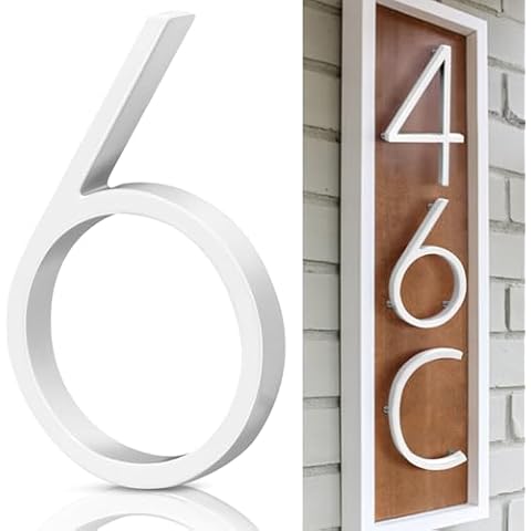 5" Metal Floating House Numbers,Ranslen White Zinc Alloy Solid Modern Address Number for Outside,Anti-Rust Metal House Address Numbers Sign for Door Garden Mailbox with Nail Kit,Coated White,Number(6) Cover
