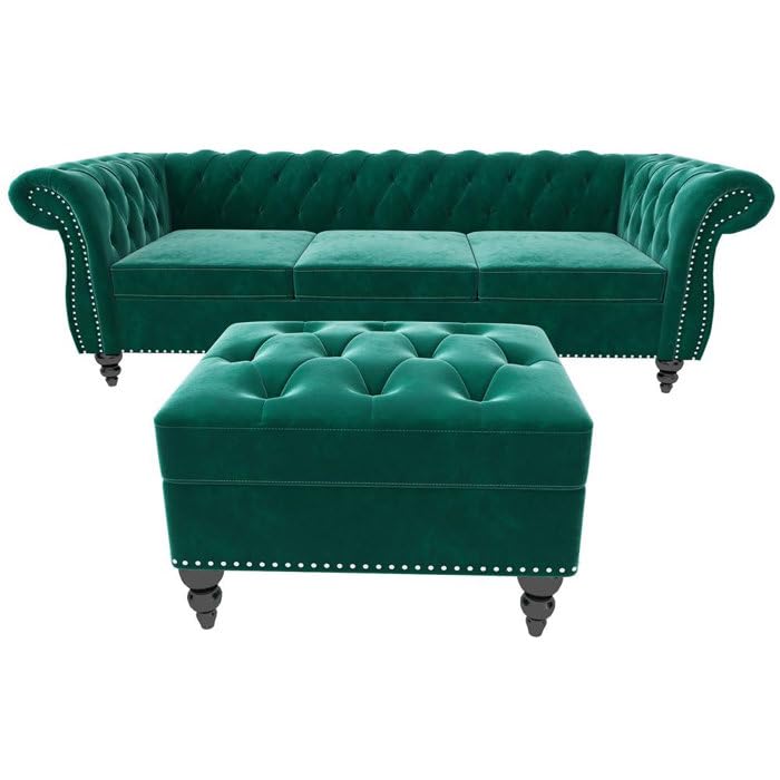 Image of Chesterfield Velvet 3 Seater Round Arm Sofa + Ottoman Modern Sofa for Your Loving Space, Bedroom, Living Room, Offices (Green)