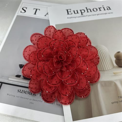 Image of Rhinestone Camellia Flower Big Brooch Lapel Pins for Women Fashion Crystal Fabric Floral Brooches Pin for Dresses Suit Accessories Jewelry Boutonniere Corsage Wedding Party 140mm