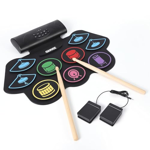 Image of Wireless Electronic Drum Set with 9 Pads, Portable Roll-Up Practice Kit for Kids & Beginners , Built-in Speaker, LED Lights, Recording & Headphone Output ,Includes Kick Pedal, Drum Sticks