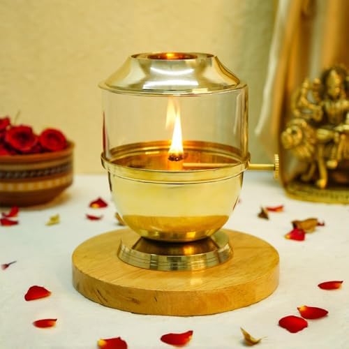 Ekhasa 100% Pure Brass Akhand Jyot Diya with Adjustable Bati Knob, Wick Lifting Screw Lever & Glass Cover (Big Size, 250 ml Oil Capacity, Stay Lit for 48 Hours, Wick Included, Authentic Borosilicate)