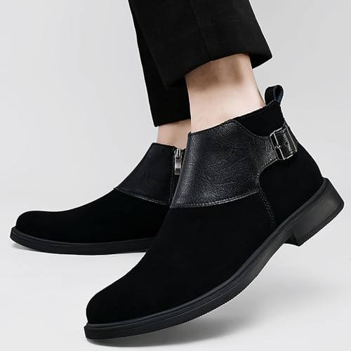 Men's Suede Dress Boots Pointed Toe Inner Zipper Chelsea Ankle Boots with Adjustable Buckle Casual Non-Slip Formal Business Booties3