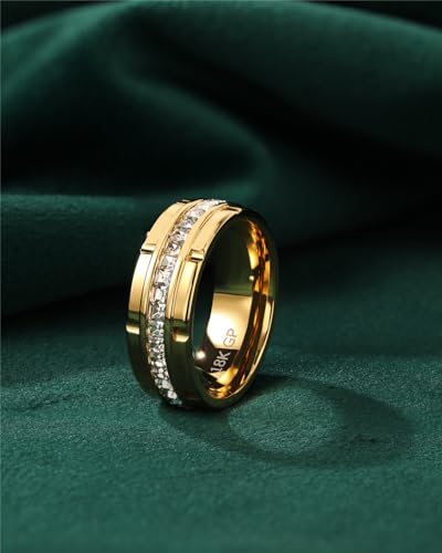 Image of 8mm Mens Gold Wedding Band with Cubic Zirconia Silver Eternity Ring CZ Inlaid 18K Gold Plated Stainless Steel Rings for Men, Rings Size 5-12