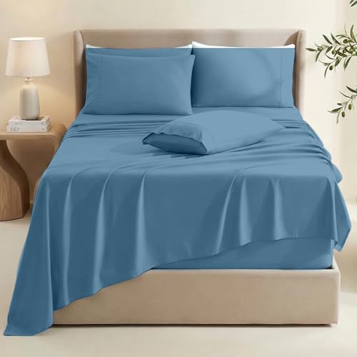 Image of Hearth & Harbor Extra Deep Pocket Sheets - Fits Mattress 18-24 Inches Deep - Extra Deep Pocket Twin XL Sheets Sets - 4 Piece Twin XL Size - Blue Heaven