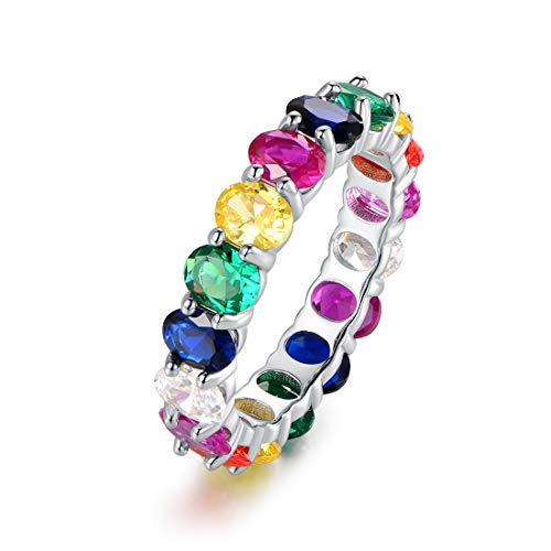 Created-Gemstone Rainbow Eternity Ring For Women | Barzel 18K White Gold Plated Oval Cut Created Gemstone Rainbow Eternity Wedding Band (Rainbow, 5)