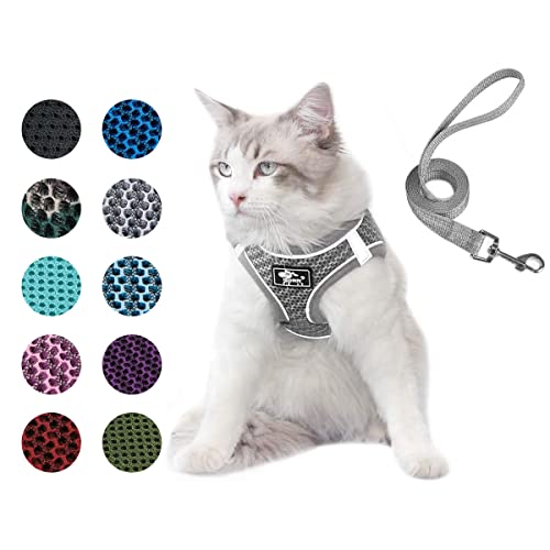 Dog and Cat Universal Harness with Leash - Cat Harness Escape Proof - Adjustable Reflective Step in Dog Harness for Small Dogs Medium Dogs - Soft Mesh Comfort Fit No Pull No Choke, Grey, L