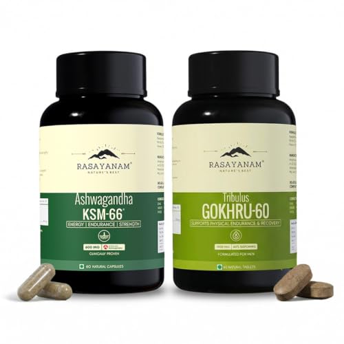 Image of Rasayanam Ashwagandha KSM-66 (500 mg) and Tribulas Gokhru - 60 Gokshura Tablets 1000mg PACK OF 2 | Extra Strength Natural Formulation | Support Strength & Energy | For Both Men & Women