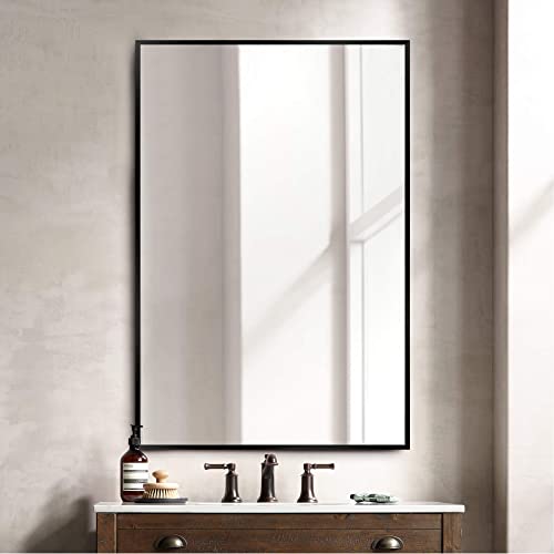 Image of NeuType 36 inchx24 inch Wall-Mounted Mirror Bathroom Mirror for Wall, Aluminum Alloy Frame Wall Mirror for Bedroom, Entryway, Living Room, Hanging or Leaning Against Wall, Black