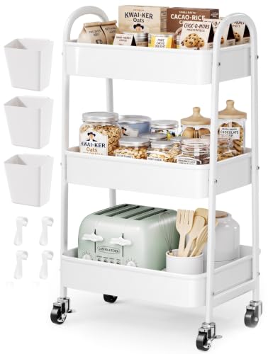 3 Tier Rolling Cart Metal with Wheels, Heavy Duty White Three Tiered Craft Cart Organizer on Wheels, Utility Roller Storage Carts for Art, Baby Nursery, Diaper Caddy, Snack,Book,Nail,Cleaning Supplies