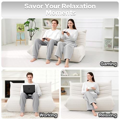 Image of HABUTWAY Bean Bag Chairs Fireside Lazy Floor Sofa,2 Seater,Beige | Soft Teddy Fleece 2 Seater Sofa with High-Resilience Foam Filling,Beanbag for Living Room, Bedroom, Office